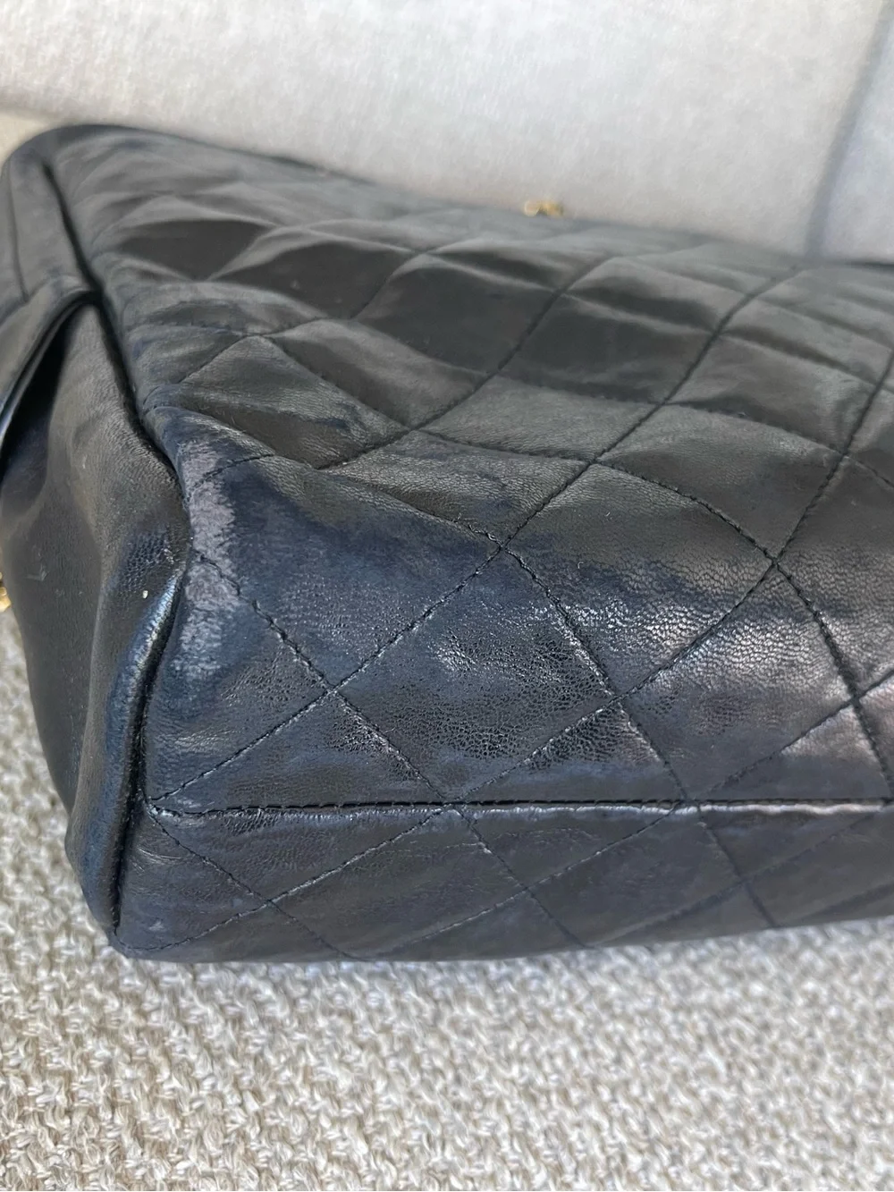 Beautiful Chanel Quilted Lambskin Leather Black Shoulder Bag Tote Gold tone HW